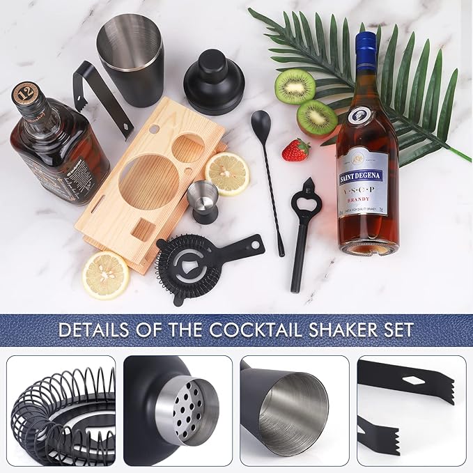 Cocktail Shaker Set Stainless Steel Bartending Kit 18.6oz Cocktail Bar Set Cocktail Mix Drink Making Kit Professional Bar and Home Drink Bar Tools for Bartender (Matte Black, 7Pcs)
