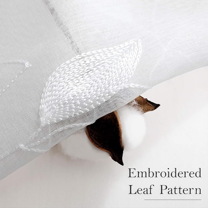 HOMEIDEAS White Sheer Kitchen Curtains 52 x 54 Inch Length 2 Panels Embroidered Leaf Pattern Short Curtains for Bedroom Half Small Window Rod Pocket Tiers