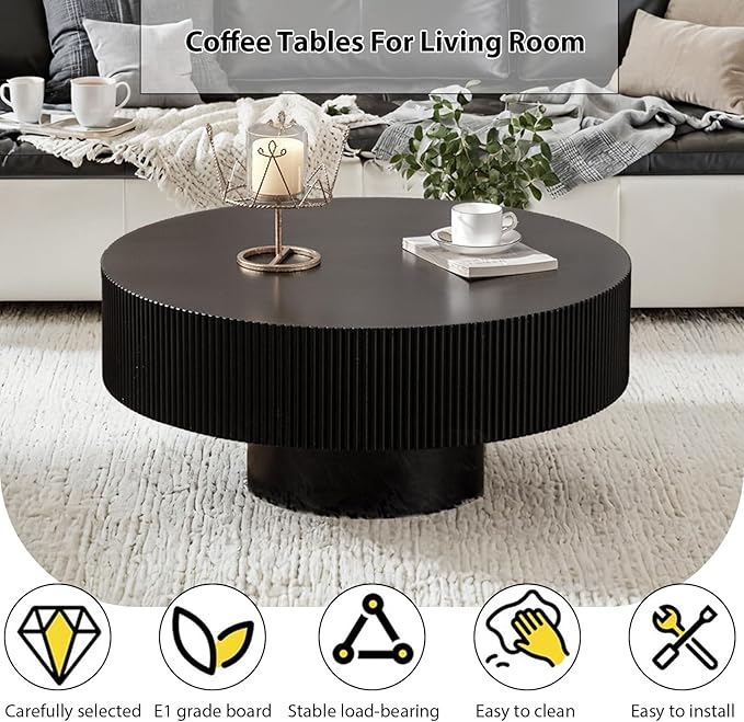 Round Fluted Coffee Table Mid Century Modern Coffee Tables with Handcrafted Relief Circle Drum End Table Rustic Industrial Center Tables for Apartment Living Room (Black Round Thick)
