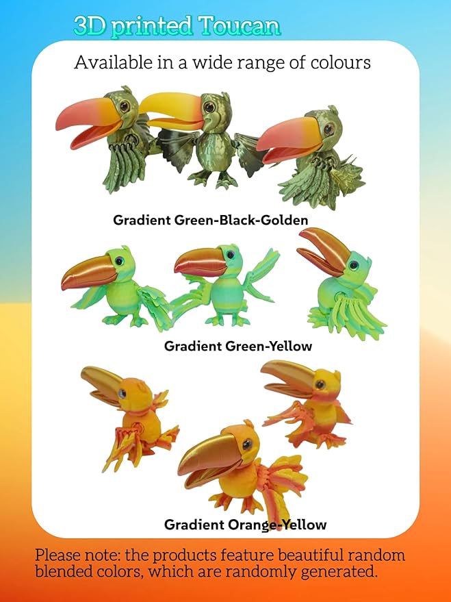 3D Toucan- Articulated Figurine Ornament, Rainforest & Samba Style Animal, Home/Office Decor, Animal Collectible, Multi-Color Options with Bi-Color Gradients