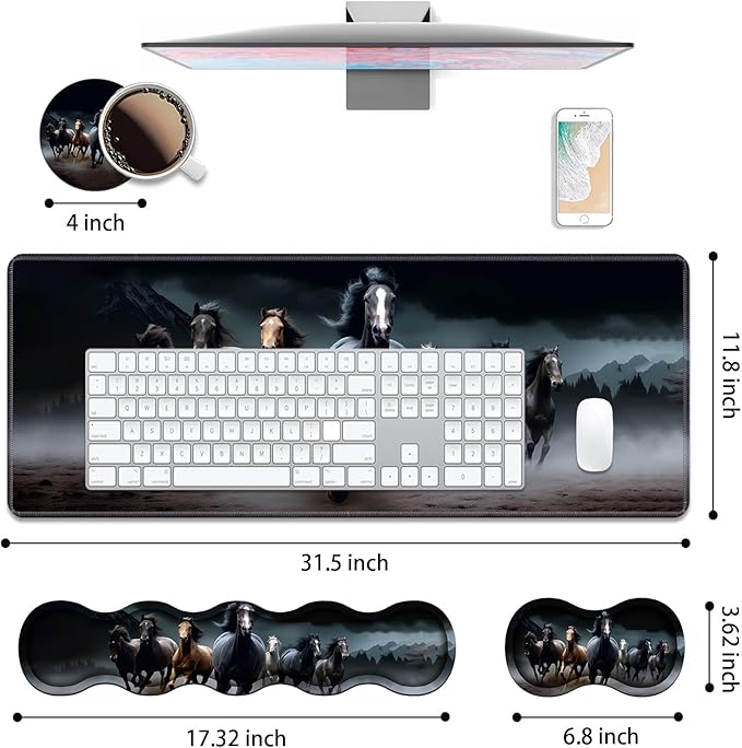 4 in 1 Ergonomic Keyboard Wrist Rest & Mouse Pad Wrist Rest Set, Large XXL Gaming Desk Mat 31.5"x 11.8" with Non-Slip Base, Memory Foam for Home Office Study Gaming, Running Horses