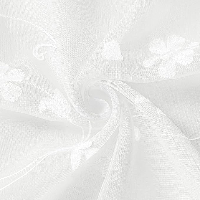 HOMEIDEAS White Sheer Curtains 96 Inches Long 2 Panels White Embroidered Floral Pattern Semi Sheer Window Curtains for Bedroom Living Room