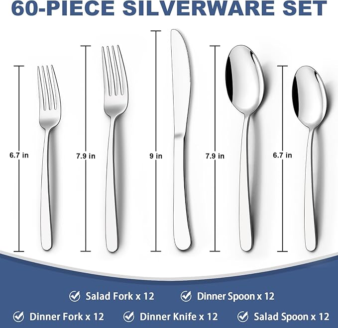 60-Piece Silverware Set for 12, Wildone Premium Stainless Steel Flatware Set, Heavy Duty Cutlery Utensil Set for Home Restaurant, Include Fork Knife Spoon Set, Dishwasher Safe