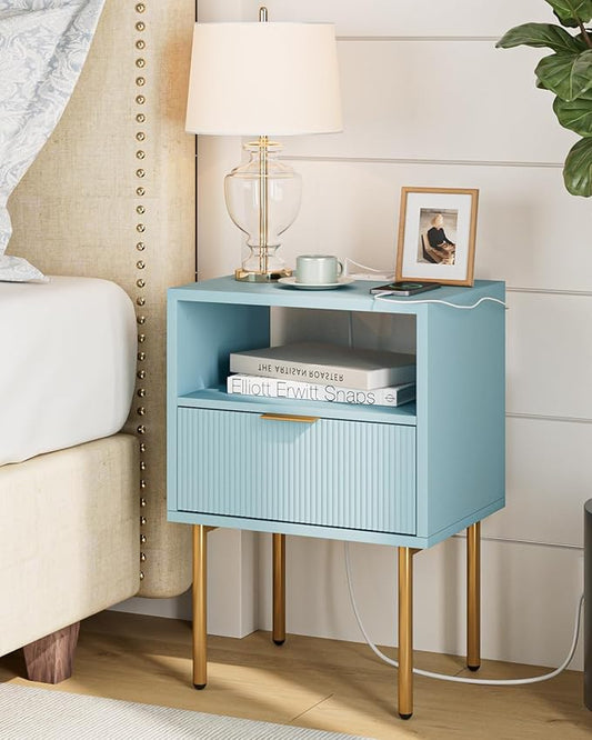 Masupu Nightstand with Charging Station,Mid-Century Modern Bedside Table with Storage Drawer and Open Wood Shelf,Small Gold Frame Side Table for Bedroom,Living Room (Blue)