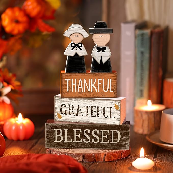 4 Pcs Fall Table Decor Pilgrim Couple Wooden Sign Thanksgiving Tiered Tray Decor Fall Centerpiece Rustic Decorative Pilgrim Block Signs Gift Farmhouse Autumn Decoration for Home Kitchen