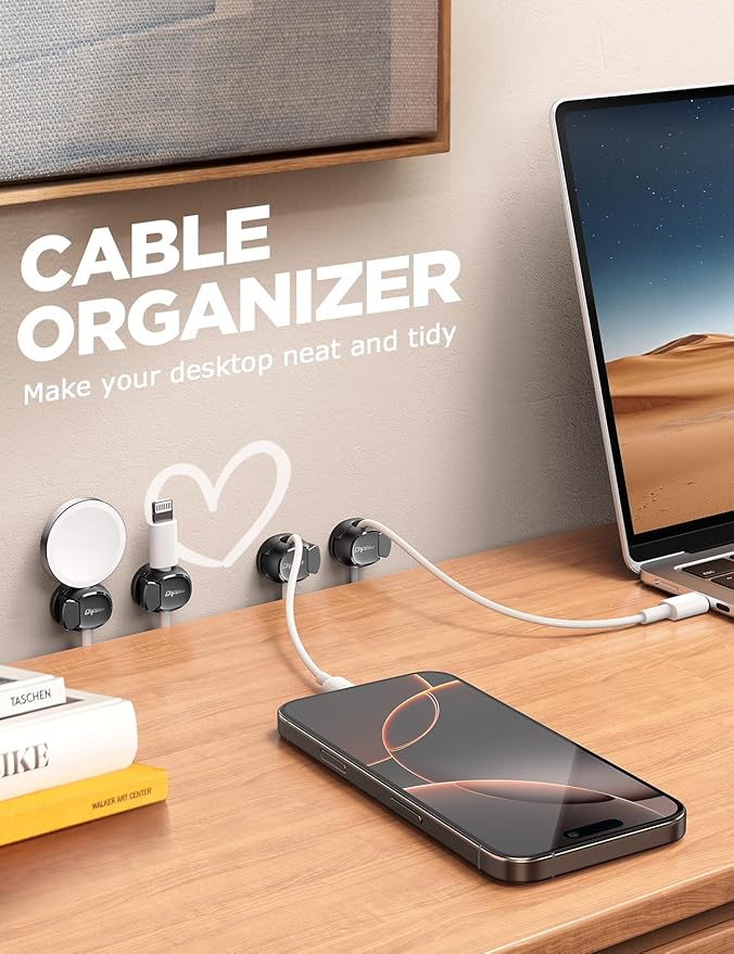 8Pack Cord Organizer [Dual Spring & Clasp, Max Secure] Cable Clips - Chfeila Cable Management, Adhesive Phone Charging Wire Holder for Nightstand/Wall, Home Office Desk Accessories Decor Essentials