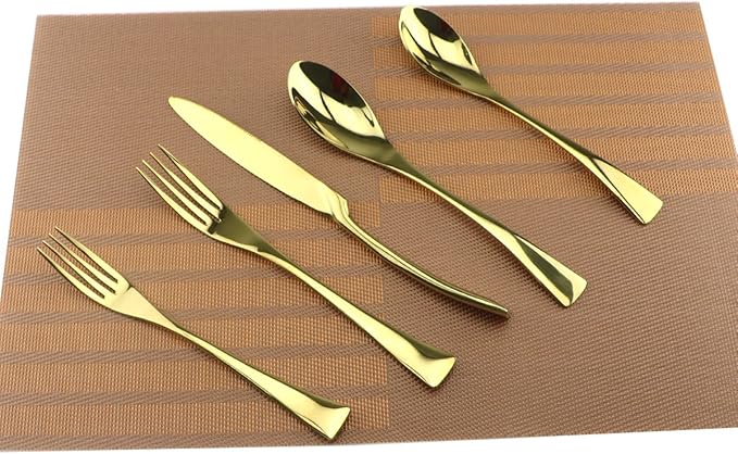 Gold 18/10 Stainless Steel Flatware Set – Stylish Set of Eating Utensils for 1 Person - Dinner Knife, Fork, Soup Spoon, Tea Spoon - Ideal Weight & Size, for Everyday Use or Holidays