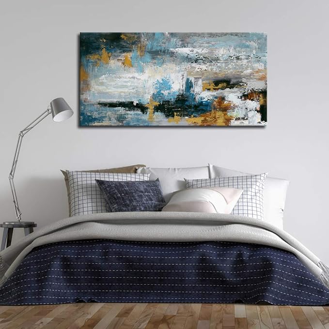 Abstract Wall Art Large Canvas Picture Modern Blue Grey Brown Artwork on Canvas Prints Wall Decoration for Living Room Bedroom Bathroom Kitchen Office Home Wall Decor Framed Ready to Hang 24" x 48"