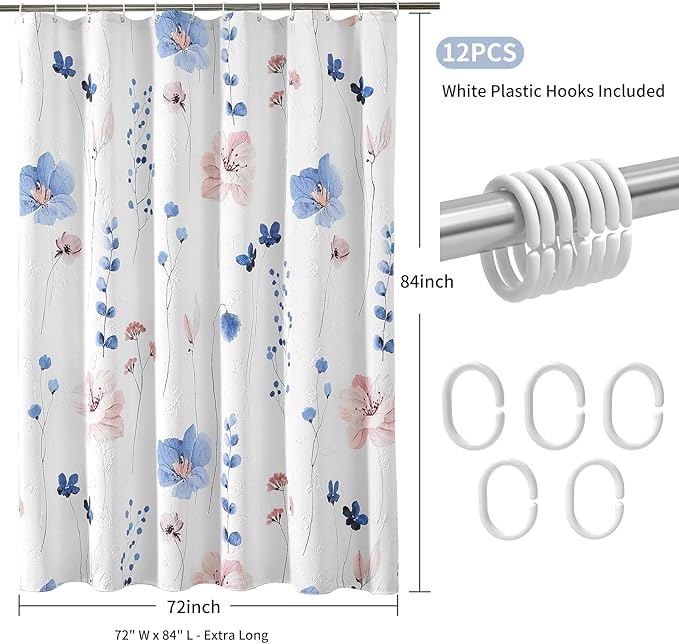 QiyI Extra Long Shower Curtain 72 x 84, Watercolor Floral Bath Curtain, 3D Embossed Butterflies Blue Flower Cloth Bathroom Curtains, Waterproof Fabric Farmhouse Textured Shower Curtain Set with Hooks