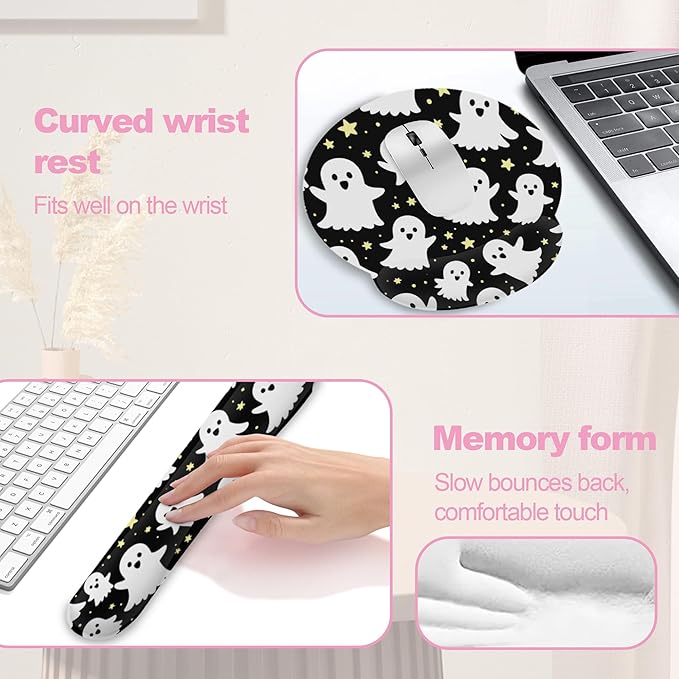 Halloween Ghosts Keyboard Wrist Rest Pad Mouse Pad Set,Ergonomic Mousepad Wrist Support Memory Foam Desk Pad for Gaming Office,Non-Slip Rubber Base Easy Typing for Home Office Computers