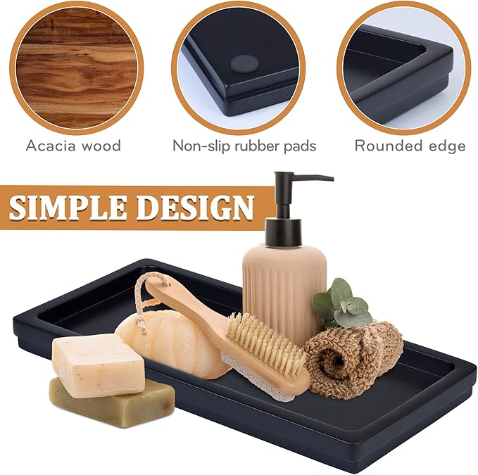 Acacia Wood Decorative Vanity Tray - 11.8 x 5.9 inches Suitable for Countertop Bathroom Sink Dresser Toilet Tank - Modern Decor Tray for Keys Wallets Towels Perfumes Plant Pots (Black)