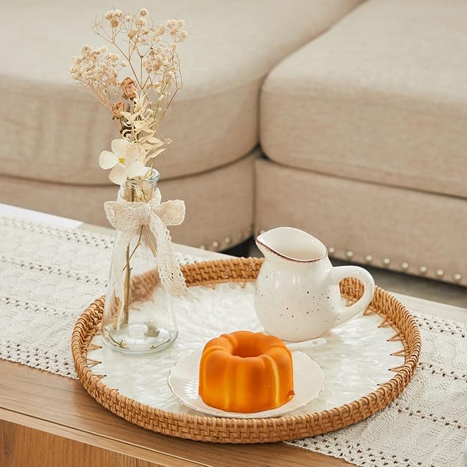 Shellac Rattan Tray with Mother of Pearl Inlay, Round Decorative Serving Tray for Home Décor Coffee Table Storage and Display, 100% Natural Materials - Ottoman Tray White 13.5"
