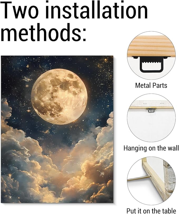 Aesthetic Celestial Moon Wall Art Decor Night Sky Moon Dark Academia Canvas Print Poster Framed Picture Painting for Home Living Room Bedroom Wall Decor 11x15 Inch