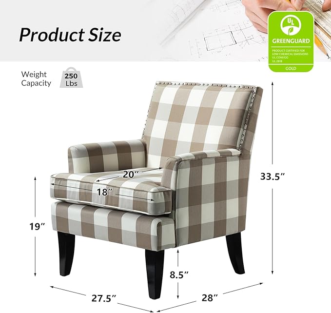 HULALA HOME Modern Accent Chairs Set of 2, Farmhouse High Back Buffalo Plaid Chairs with Wooden Legs & Nail Head Trim, Comfy Upholstered Armchairs for Living Room/Bedroom (Buffalo Beige)