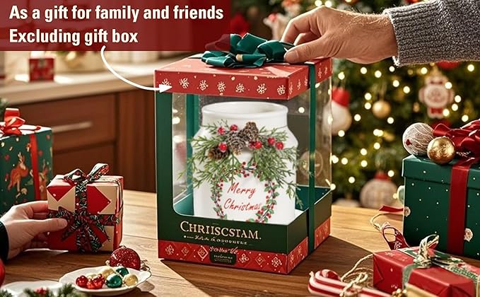 Christmas Utensil Holder, Cute Christmas Wreath Utensils Holder for Christmas Kitchen Decor, Xmas Vintage Rustic Ceramic Utensils Crock With Pinecone Accents for Indoor Kitchen Decorations