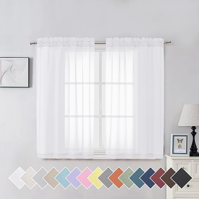 Aiyufeng White Sheer Curtains for Living Room 45 inch Length 2 Panels Set, Rod Pocket Semitransparent Balance Privacy & Light Vertical Sheer Drapes for Bedroom, W40 x L45