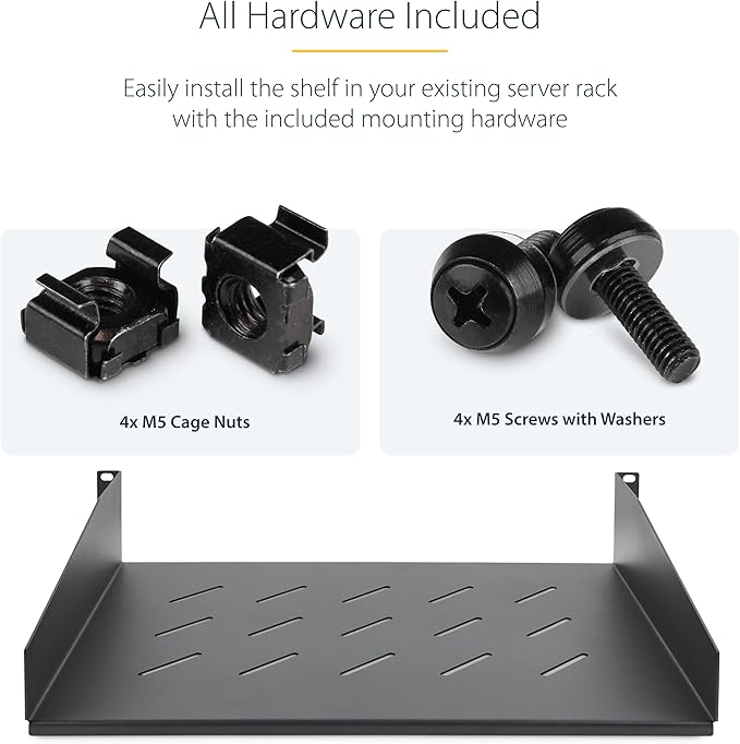 StarTech.com 2U Rack Shelf, 12" Mounting Depth, Vented Cantilever Tray for 19" AV/Network Equipment, 25lb Capacity, for Small Office/Home Office