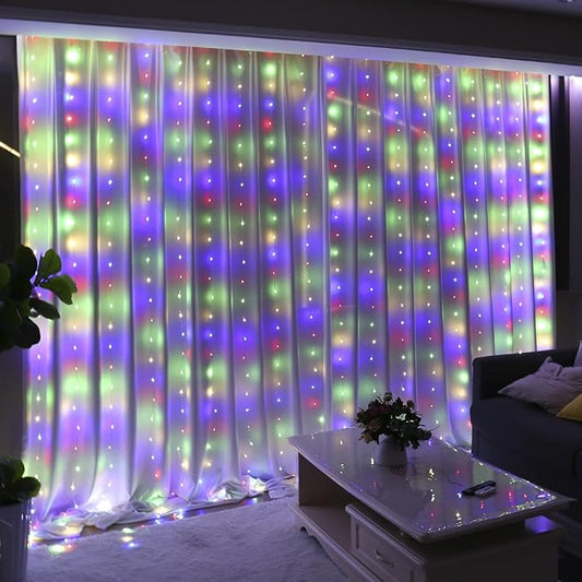 HXWEIYE 300LED Fairy Curtain Lights, 9.8x9.8Ft Tangle-Free USB Plug in 8 Modes Timer Christmas String Hanging Lights with Remote for Bedroom Backdrop Wedding Party Home Wall Garden, Multicolor