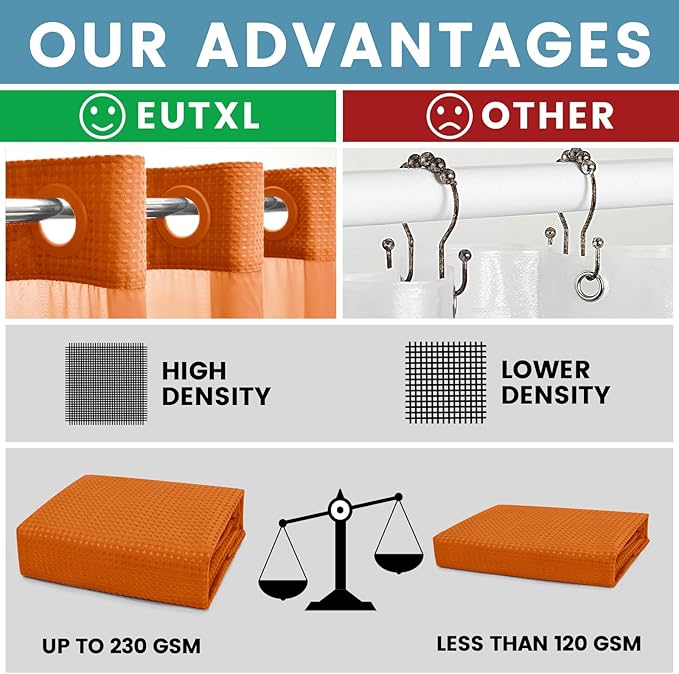 Burnt Orange Long No Hook Shower Curtain with Snap in Liner,230GSM Waffle Weave Shower Curtains for Bathroom,71W x 86H