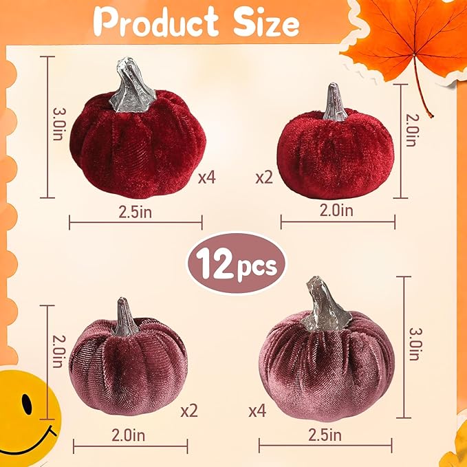 12pcs Velvet Fake Pumpkins Fall Decor Faux Small Foam Fabric Pumpkin for Autumn Table Centerpiece Party Farmhouse Harvest Thanksgiving (Dark Red/Mulberry)