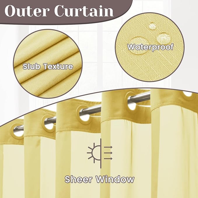 No Hook Slub Textured Shower Curtain with Snap in Liner - Yellow Fabric Outer Curtain & Waterproof Inner Liner, Hotel Style with See Through Top Window, 71x74 in