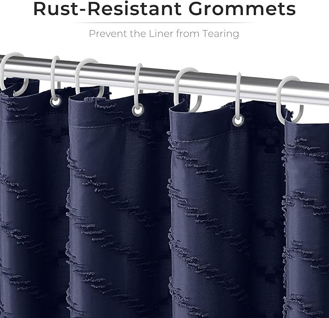 78 Inches Long Boho Tufted Chevron Striped Fabric Shower Curtain Navy Blue 72x78 Tall Minimalist Waterproof Cloth Shower Curtain, Wrinkle Free