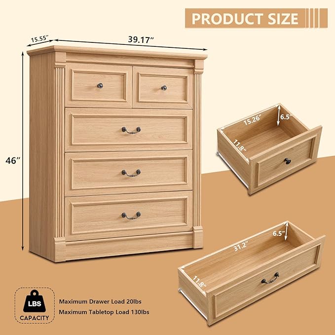 5 Drawers Dresser for Bedroom, Farmhouse 46" Tall Dressers & Chests of Drawers w/Roman Column, Wood Rustic Closet Dresser w/Two Different Drawer Sizes for Bedroom, Living Room, Natrual