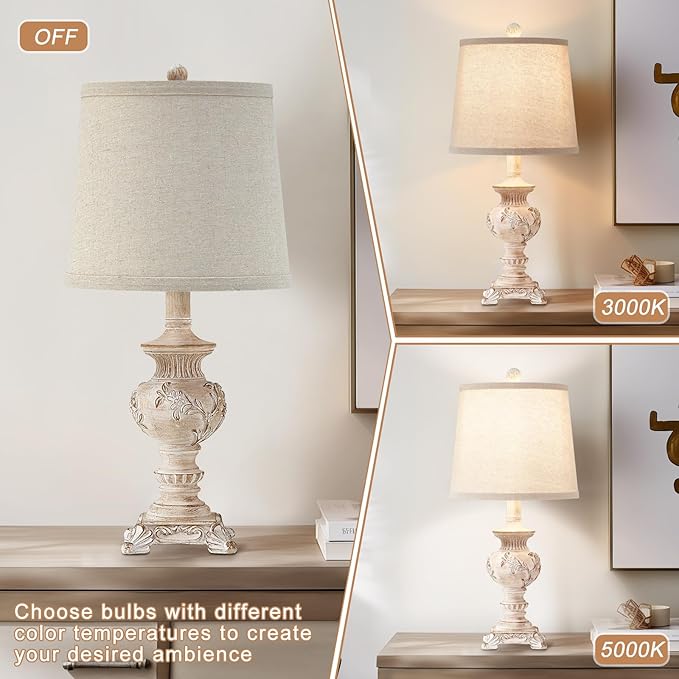 21'' Small Table Lamps for Bedroom Bedside Lamps Set of 2 Farmhouse Nightstand Lamps with Carved Floral Vintage Side Table Lamps for Living Room Kids Office, White, Bulb Not Include