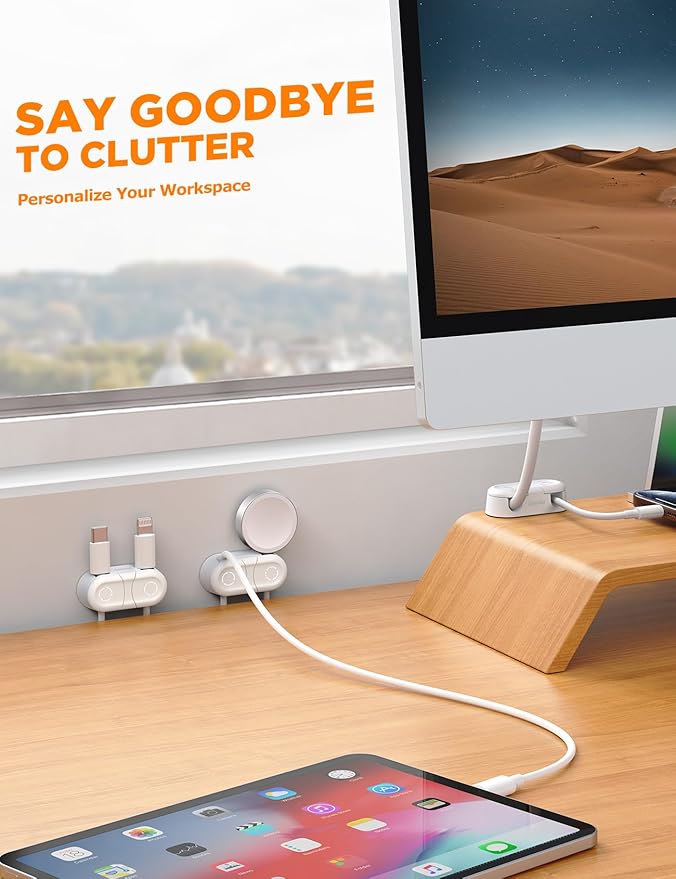 Magnetic Cable Clips - Chfeila 4Pack [Dual Slot] [360°Rotating & Twist-Lock] Cord Management, Adhesive Phone Charging Keeper, Wire Organizer Holder for Nightstand, Home Office Desk Accessories Decor