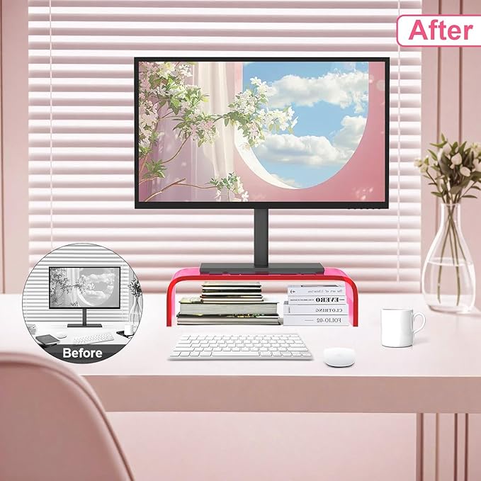Acrylic Monitor Stand Riser Acrylic Laptop Stand for Desk Clear Computer Monitor Stand for Desk Accessories iMac Organizer Office Must-Haves Product for Working from Home Bright Pink