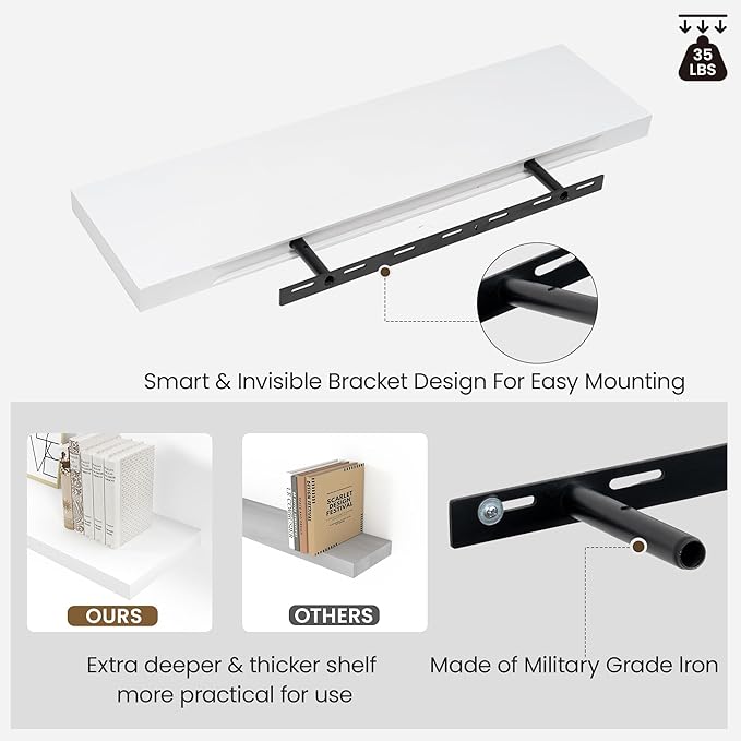Vivelove Wooden Floating Shelves for Wall 16” x 8”x 1.4”, Bathroom Shelf Over The Toilet with Invisible Brackets, Unfinished Wall Shelves for LivingRoom, Kitchen, Bedroom, Home Decor, Set of 2 - White