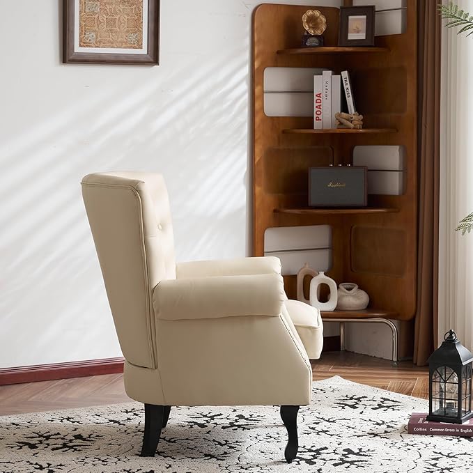 Modern Faux Leather Accent Chair, Upholstered Mid-Century Armchair with Solid Wood Legs, Single Sofa Chair for Living Room, Bedroom, or Reading Room（Ivory White）