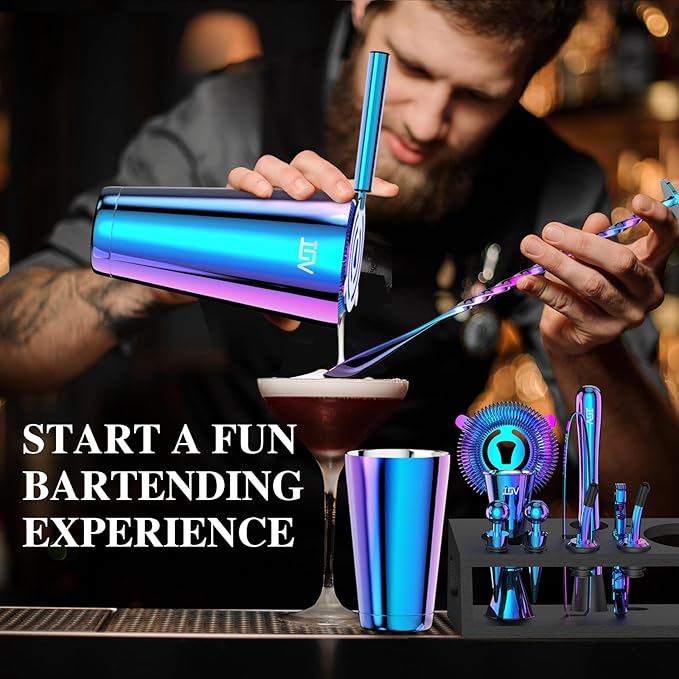 IOV Cocktail Shaker Set: 12-Piece Mixology Bartender Kit Bar Set | 18oz & 28oz Boston Shaker Drink Mixing Tools for Home with Recipe Booklet and Stand | Fun Housewarming Gift (Rainbow)