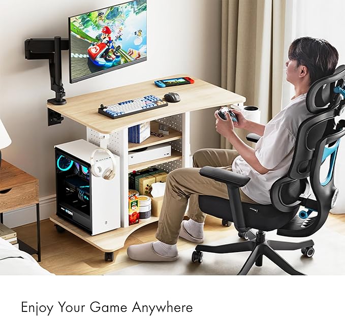 EUREKA ERGONOMIC Gaming Desk Computer, 37" Rolling Desk on Wheels for Small Space, Mobile Computer Cart with Pegboards Adjustable Shelves for Gaming PS Switch, Craft Station, Home Office - Maple