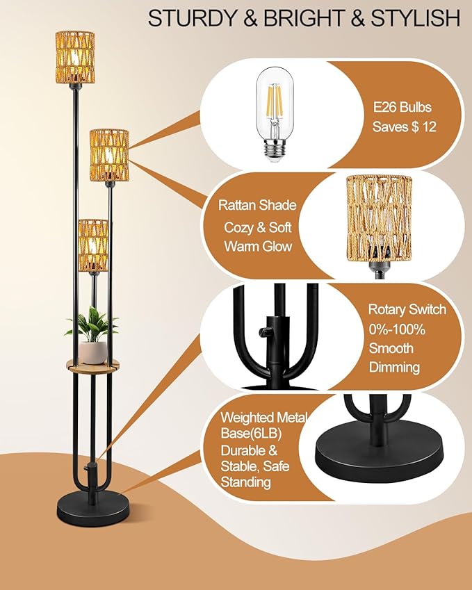63IN Dimmable Floor Lamp with Shelf, Black Rattan Tall Standing Lamps Candle Holder Style, 3000K Warmwhite Mid Century Modern Floor Lamp for Living Room (Bulbs Included)