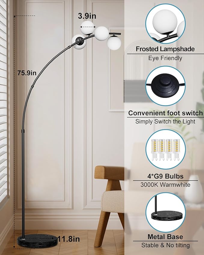 Lightdot Black Arc Floor Lamp for Living Room, 4 Globe Floor Lamp with Shatterproof Shade& Mable Base, Mid Century Modern Tall Standing Lamp for Bedroom/Home Office(Bulbs Included)