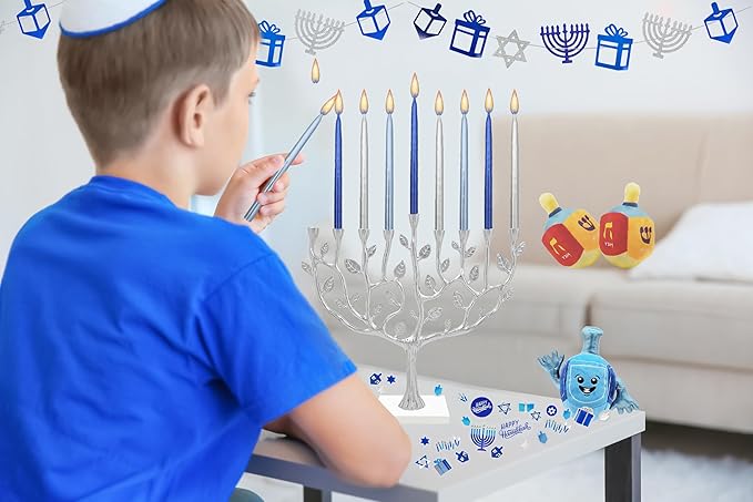 The Dreidel Company Metallic Hanukkah Candles Frosted Premium Tapered Hand Decorated Chanuka Candles (Metallic Blue & Silver)