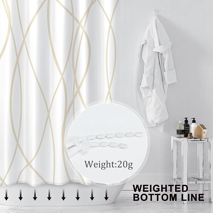 Punkray Beige Khaki Shower Curtain for Bathroom with Hooks, Extra Long Shower Curtain Set Stripe Bath Curtains Decorative White Shower Curtains Weighted Hem Water Repellent Washable, 54 x 72