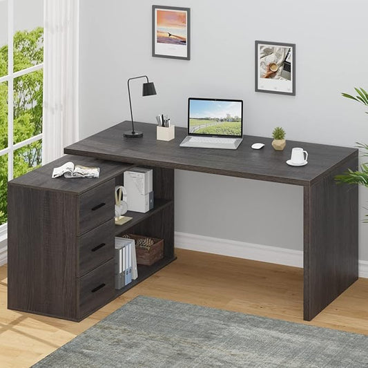 HSH L Shaped Computer Desk with Drawers, 360 Rotating L Shape Desk with Storage Cabinet Shelves, Industrial Home Office Desk for Executive Writing Study Work, Dark Wood Table Swivel Desk, Gray 55 Inch