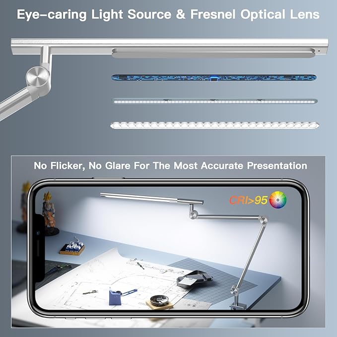 VERSKI LED Desk Lamp, Dual Light Source 18W Brightest, Eye-Caring Optical Lens, Task Lamp with 5 Color Modes & Brightness, Aluminum Alloy Clip or Clamp