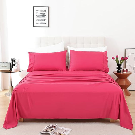 Whitney Home Textile King Size Sheets Set, Soft Microfiber Hotel Bed Sheets King Size, Extra Deep Pocket, Luxury Breathable Bedding Sheet & Pillowcase Sets, 4 Piece Wrinkle Free Oeko-Tex, Magenta