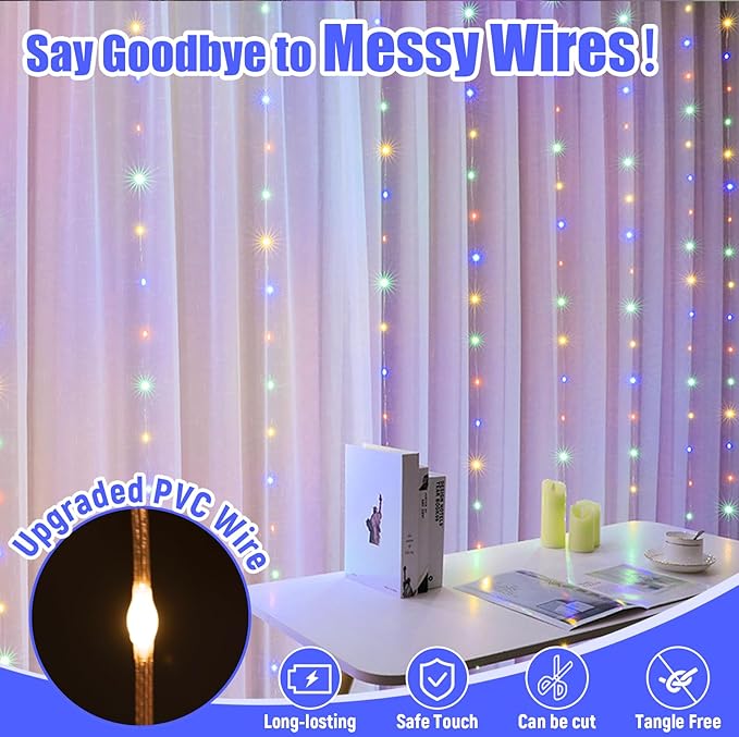 Pixie Curtain String Light with Untangled Wires, Multicolor Curtain Light for Bedroom, USB Powered 8 Modes Remote Fairy Light for Home Wedding Party Decor