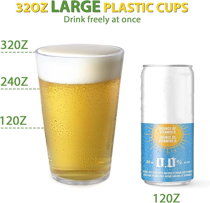 32 OZ Large Plastic Cups Reusable，Shatterproof Drinking Glasses, Stackable Glasses Drinking Set, Plastic Cups for Kitchen,Poolside,Party, House,BPA-Free,Dishwasher Safe,Sets of 6