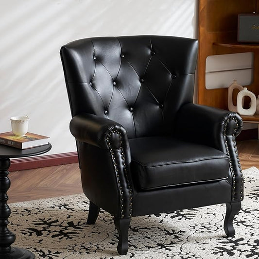 Modern Faux Leather Accent Chair, Upholstered Mid-Century Armchair with Solid Wood Legs, Single Sofa Chair for Living Room, Bedroom, or Reading Room（Black）