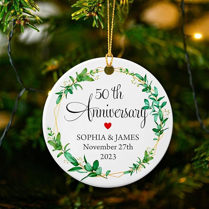 50th Wedding Anniversary Ornament, Personalized Happy Anniversary Ornament Gift for Mom Dad Grandparents, 50 Years As Mr & Mrs 2025 Xmas Ceramic Ornament, Custom Names & Years Anniversary Married