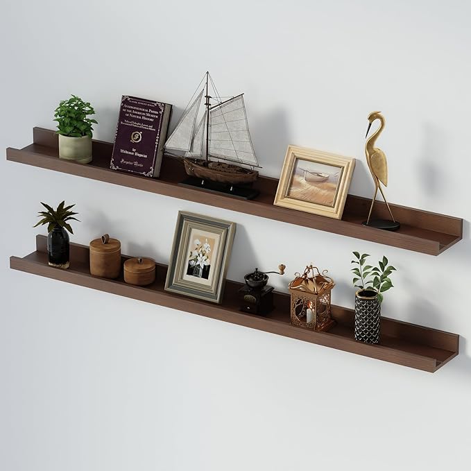 SAUMONIERES Picture Ledge Shelf Floating Book Shelves Set of 2 Wall Mounted Solid Wood for Bedroom Bathroom Living Room Kitchen, 48 Inch Walnut