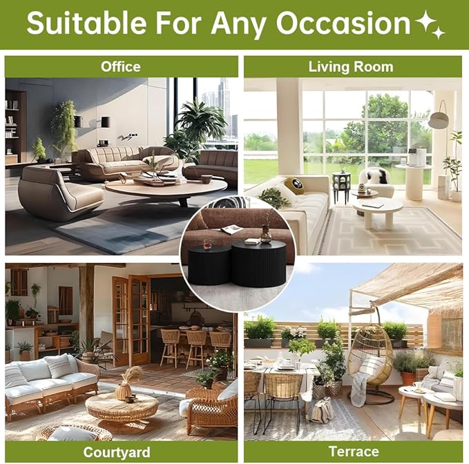 Round Nesting Coffee Table Set of 2 Small Round Coffee Tables for Living Room Modern Fluted Coffee Table Circular End Table Side Table for Small Spaces No Assembly (Black A, 27 in)