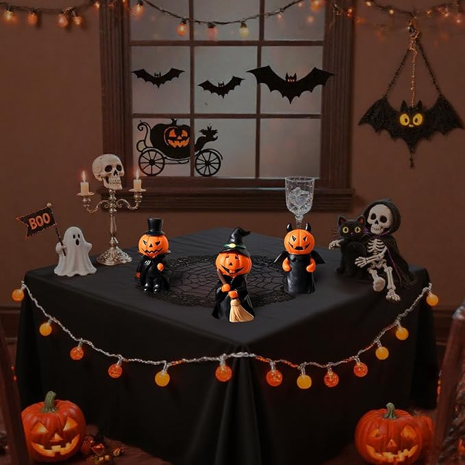 Halloween Decorations Indoor Pumpkin Figurine Set of 3, Mini Handmade Resin Trinket Tray Broom & Witch Pumpkin, Decor for Tabletop Mantel Shelf Home Office Party