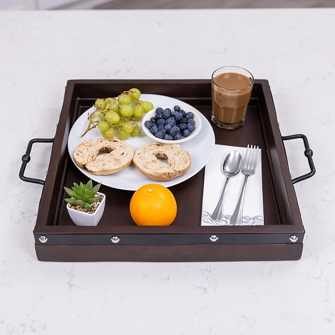 16"x16" Large Square Ottoman Tray, Heavy Duty Mango Wood, for Serving Tea, Breakfast in Bed, Living Room Large Coffee Table Tray Rustic with Farmhouse Style, Decorative Handles and Accent Strap