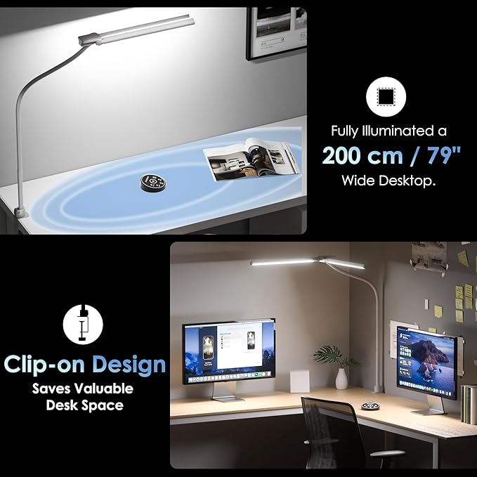 Desk Lamp with Clamp, 31.5" LED Desk Lamp for Home Office, 24W Double Head Desk Light, Dimmable & Color Temperature, Table Lamp with Remote Control, Brightest Computer Monitor Light